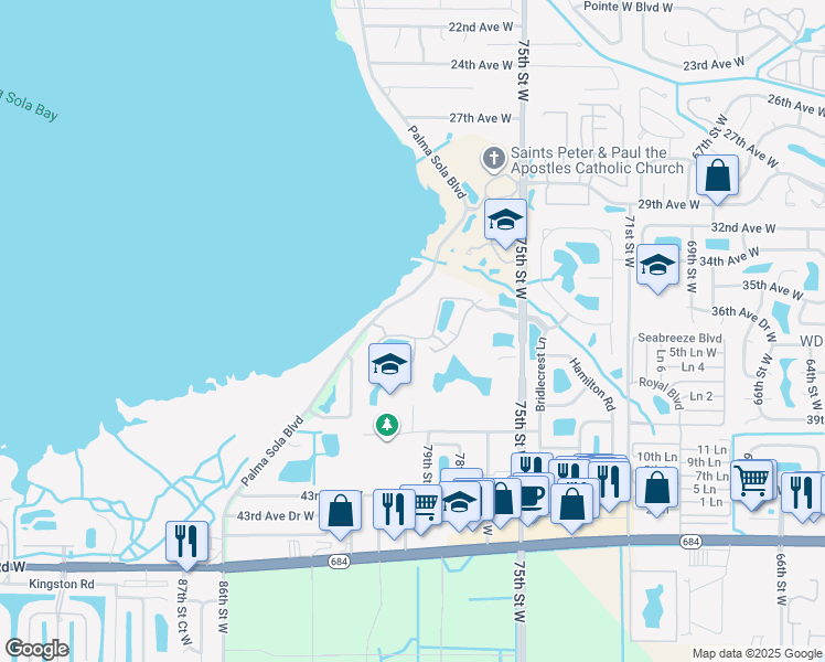 map of restaurants, bars, coffee shops, grocery stores, and more near 7910 34th Avenue West in Bradenton