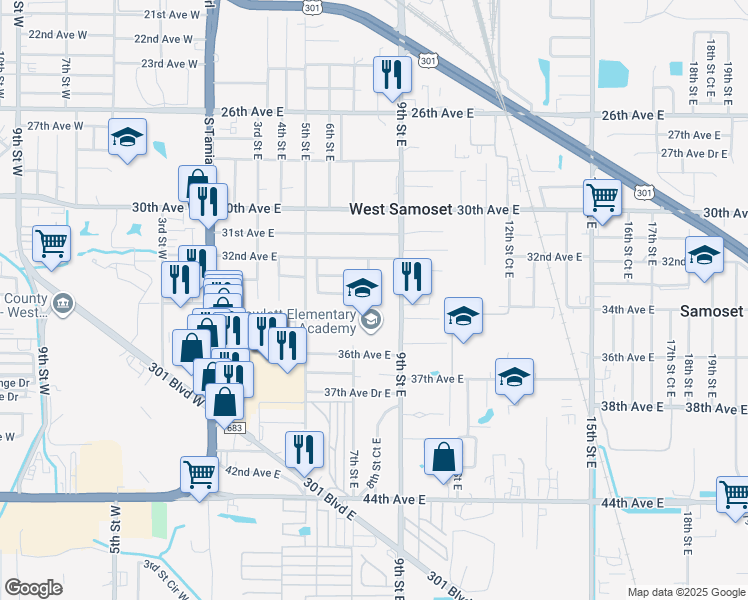 map of restaurants, bars, coffee shops, grocery stores, and more near 3325 8th Street East in Bradenton