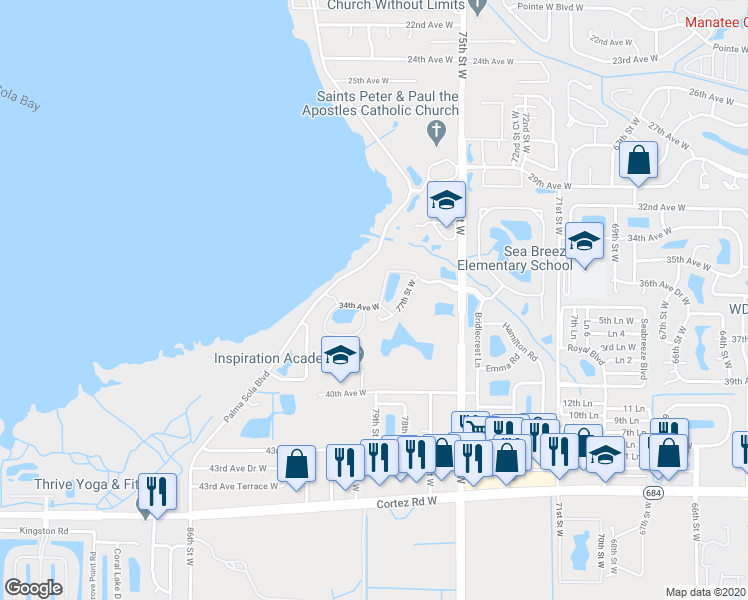 map of restaurants, bars, coffee shops, grocery stores, and more near 3404 79th Street West in Bradenton