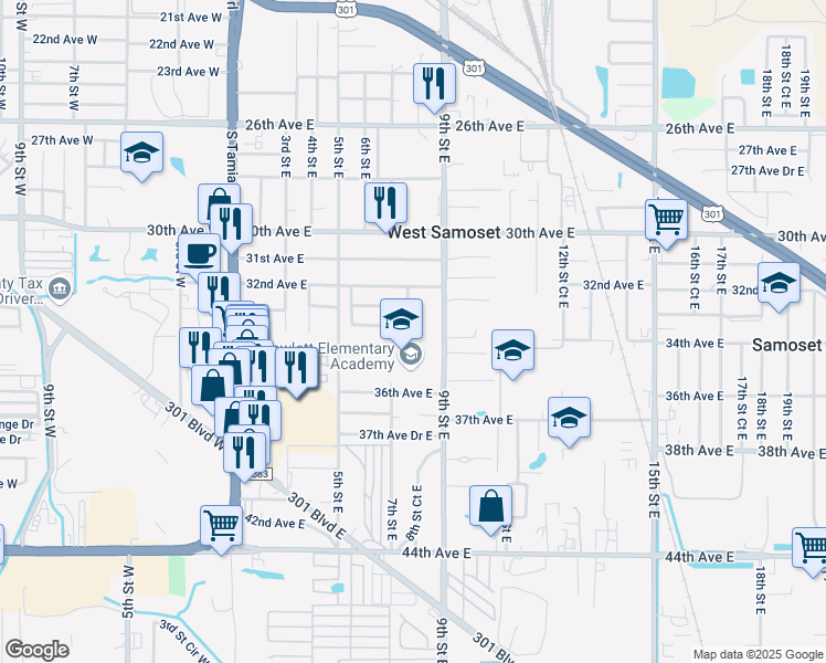 map of restaurants, bars, coffee shops, grocery stores, and more near 3325 8th Street East in Bradenton