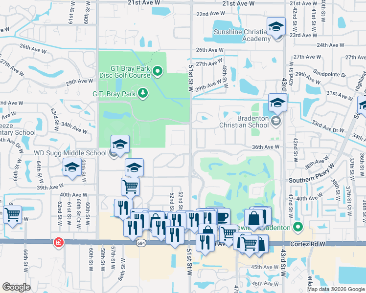 map of restaurants, bars, coffee shops, grocery stores, and more near 5102 36th Avenue Drive West in Bradenton