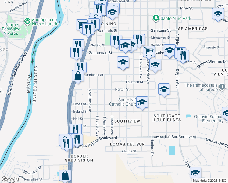map of restaurants, bars, coffee shops, grocery stores, and more near 3019 South Martin Avenue in Laredo