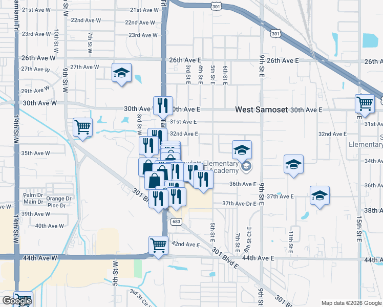 map of restaurants, bars, coffee shops, grocery stores, and more near 431 34th Avenue Drive East in Bradenton