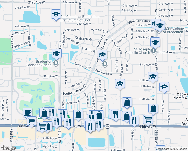 map of restaurants, bars, coffee shops, grocery stores, and more near 3815 Southern Parkway West in Bradenton