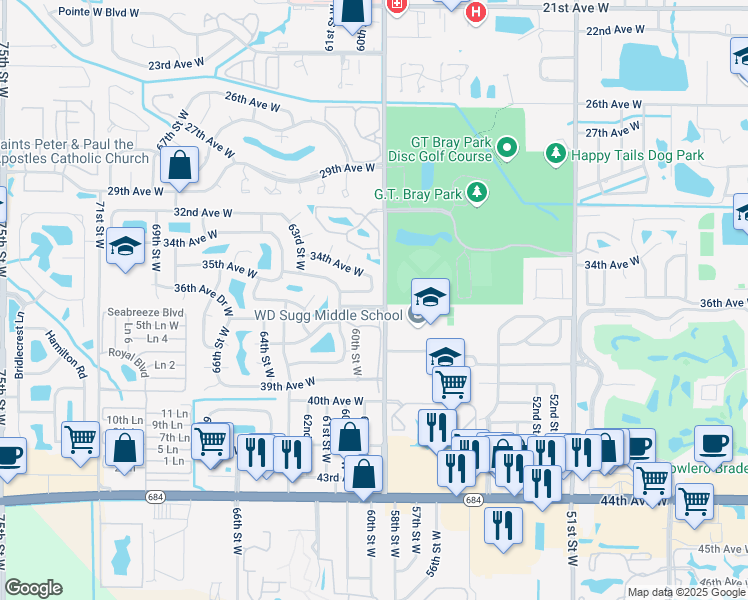 map of restaurants, bars, coffee shops, grocery stores, and more near 6004 36th Avenue Circle West in Bradenton