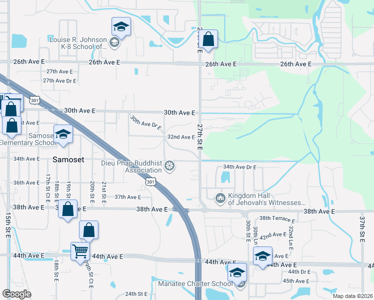 map of restaurants, bars, coffee shops, grocery stores, and more near 2539 34th Avenue East in Bradenton