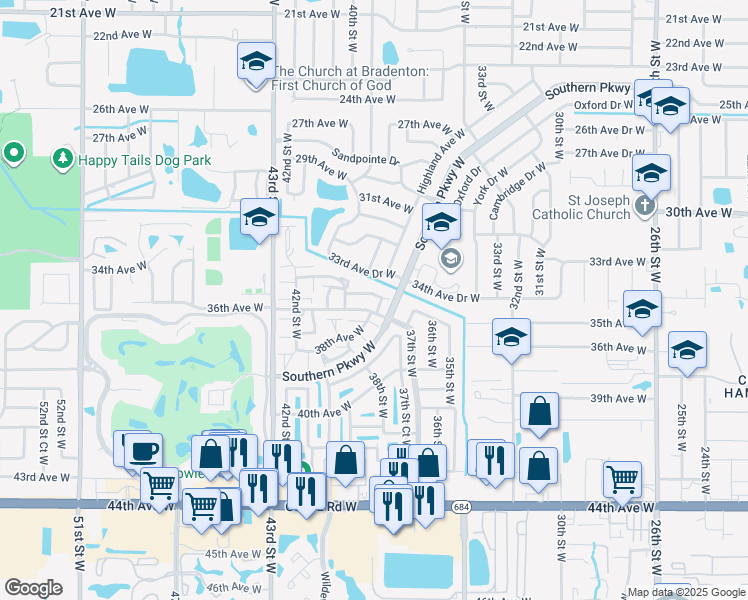 map of restaurants, bars, coffee shops, grocery stores, and more near 3405 37th Street Court West in Bradenton