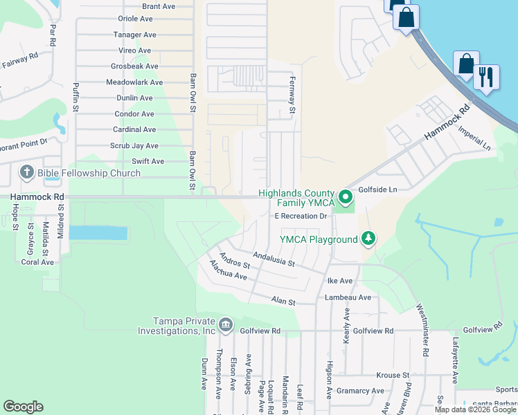 map of restaurants, bars, coffee shops, grocery stores, and more near 3015 Brunns Road in Sebring