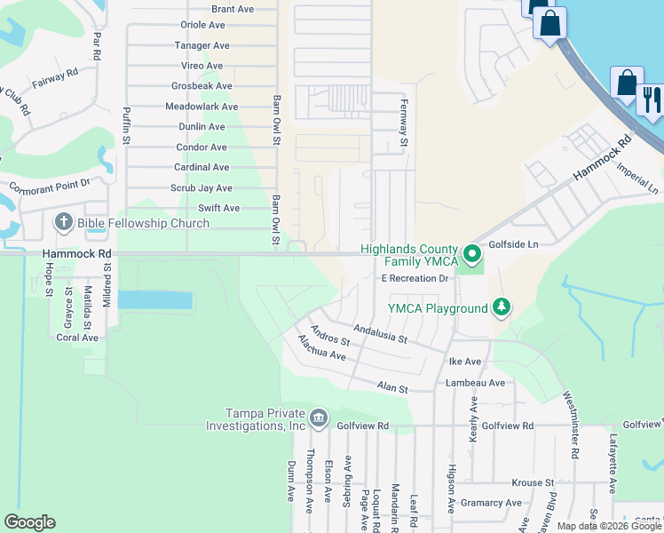 map of restaurants, bars, coffee shops, grocery stores, and more near Hammock Road in Sebring