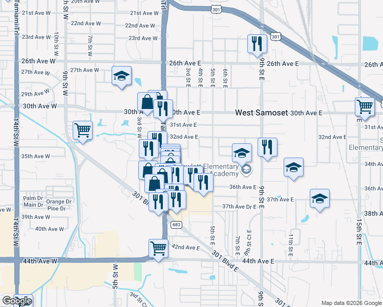 map of restaurants, bars, coffee shops, grocery stores, and more near 403 33rd Avenue East in Bradenton