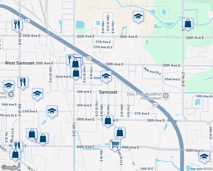 map of restaurants, bars, coffee shops, grocery stores, and more near 3300 19th Street East in Bradenton
