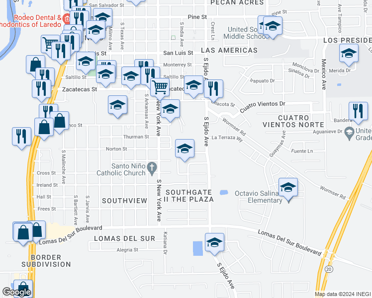 map of restaurants, bars, coffee shops, grocery stores, and more near 3110 Potomac Loop in Laredo