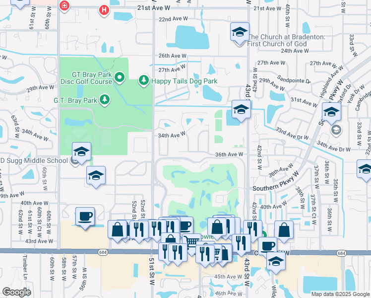 map of restaurants, bars, coffee shops, grocery stores, and more near 4702 36th Avenue West in Bradenton