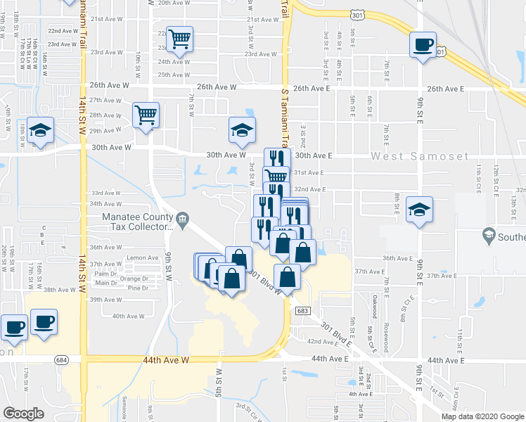 map of restaurants, bars, coffee shops, grocery stores, and more near 3211 3rd Street West in Bradenton