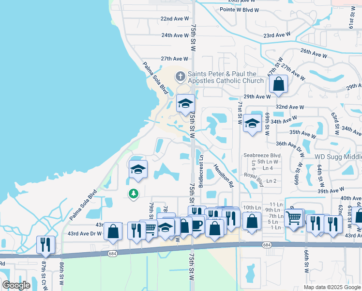 map of restaurants, bars, coffee shops, grocery stores, and more near 7610 34th Avenue West in Bradenton