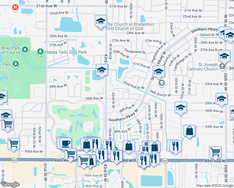 map of restaurants, bars, coffee shops, grocery stores, and more near 4011 34th Drive West in Bradenton