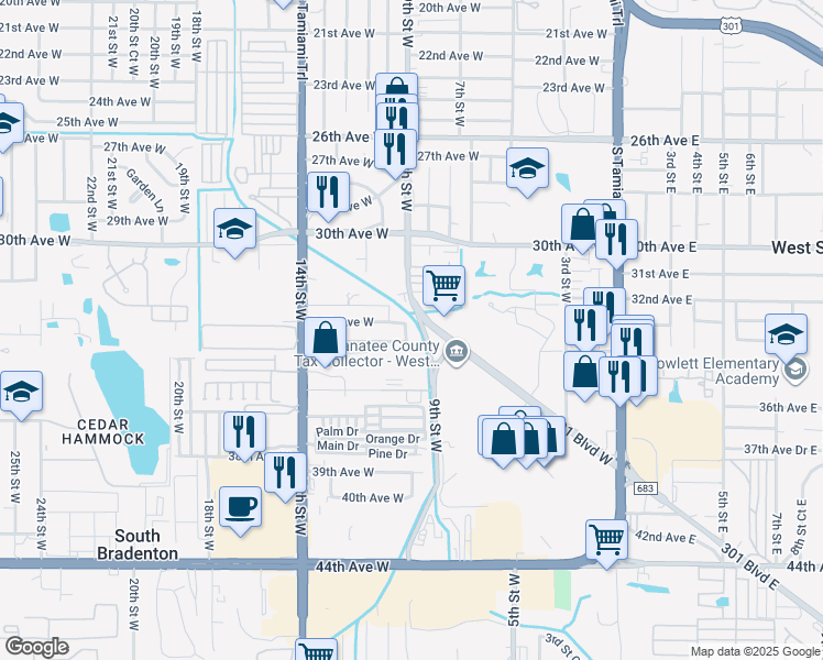 map of restaurants, bars, coffee shops, grocery stores, and more near 3403 9th Street Court West in Bradenton