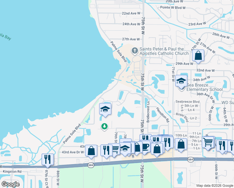 map of restaurants, bars, coffee shops, grocery stores, and more near 3316 Palma Sola Boulevard in Bradenton