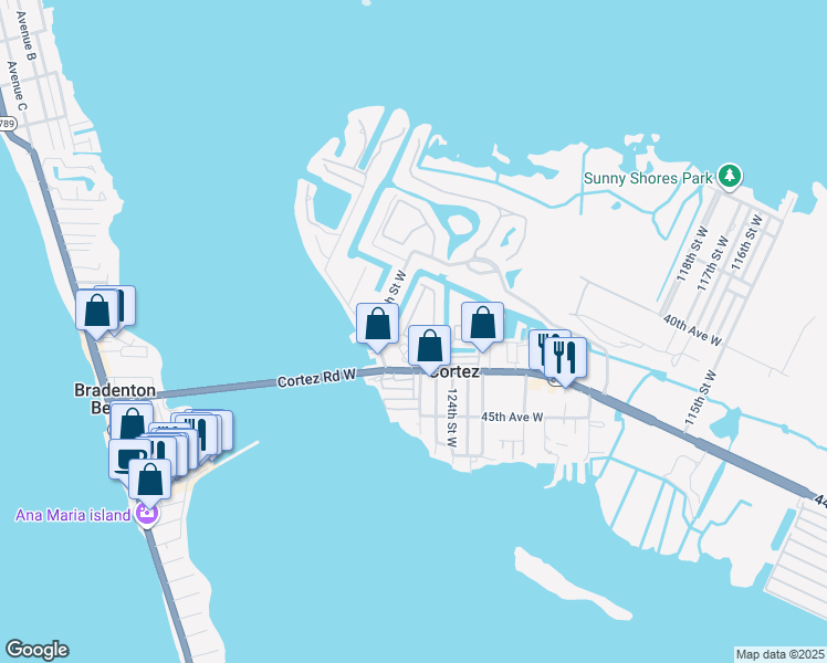 map of restaurants, bars, coffee shops, grocery stores, and more near 12504 Cortez Road West in Cortez