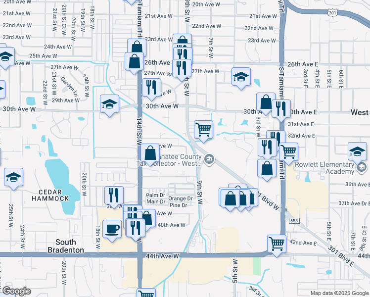 map of restaurants, bars, coffee shops, grocery stores, and more near 903 34th Avenue West in Bradenton