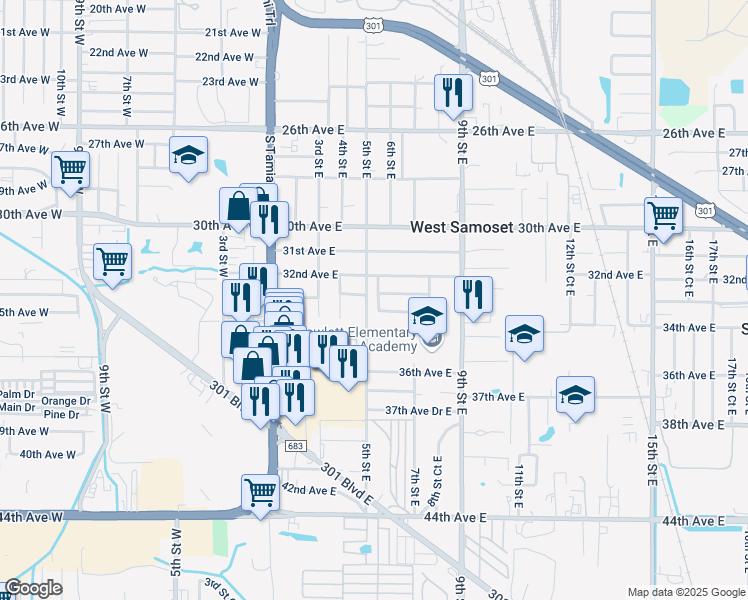 map of restaurants, bars, coffee shops, grocery stores, and more near 3212 5th Street Court East in Bradenton