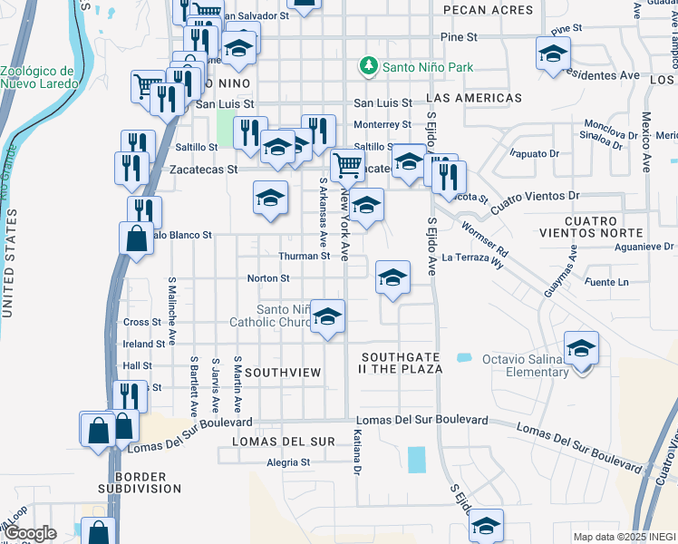 map of restaurants, bars, coffee shops, grocery stores, and more near 2819 Thurman Street in Laredo