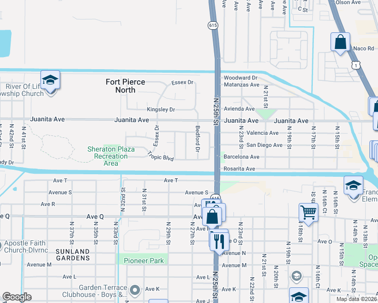map of restaurants, bars, coffee shops, grocery stores, and more near 108 Camelot Drive in Fort Pierce