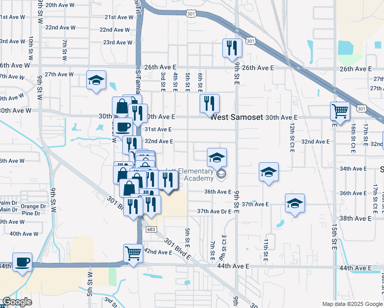 map of restaurants, bars, coffee shops, grocery stores, and more near 3212 5th Street Court East in Bradenton