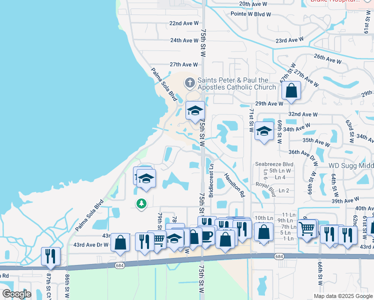 map of restaurants, bars, coffee shops, grocery stores, and more near 7610 34th Avenue West in Bradenton