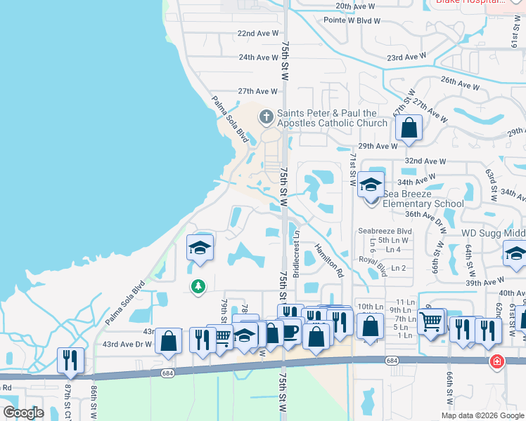 map of restaurants, bars, coffee shops, grocery stores, and more near 7610 34th Avenue West in Bradenton