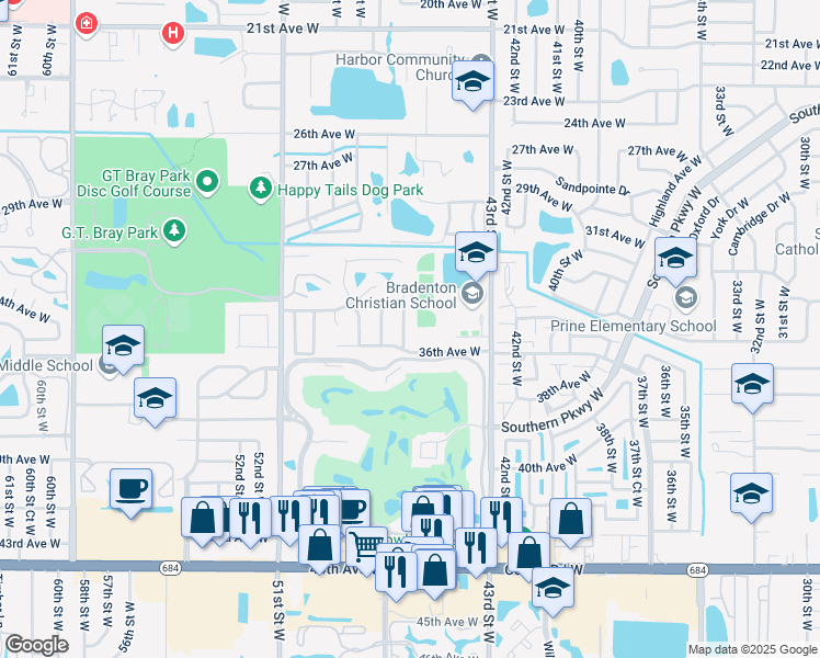map of restaurants, bars, coffee shops, grocery stores, and more near 3407 46th Street West in Bradenton