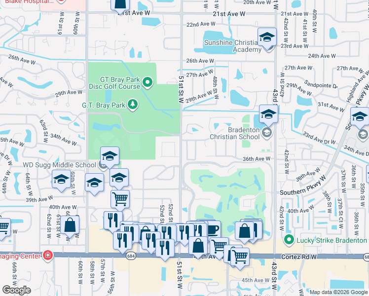 map of restaurants, bars, coffee shops, grocery stores, and more near 3409 52nd Street West in Bradenton