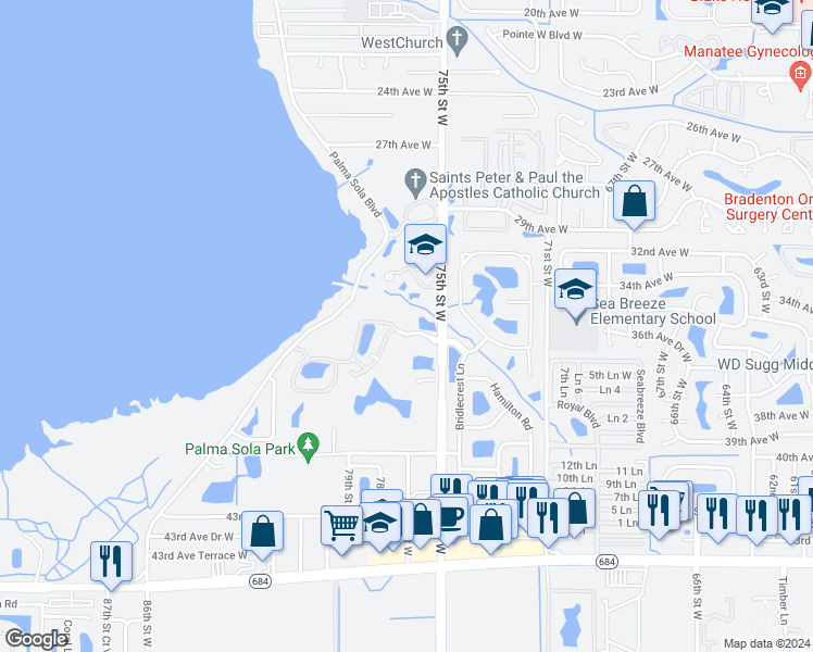 map of restaurants, bars, coffee shops, grocery stores, and more near 7610 34th Avenue West in Bradenton