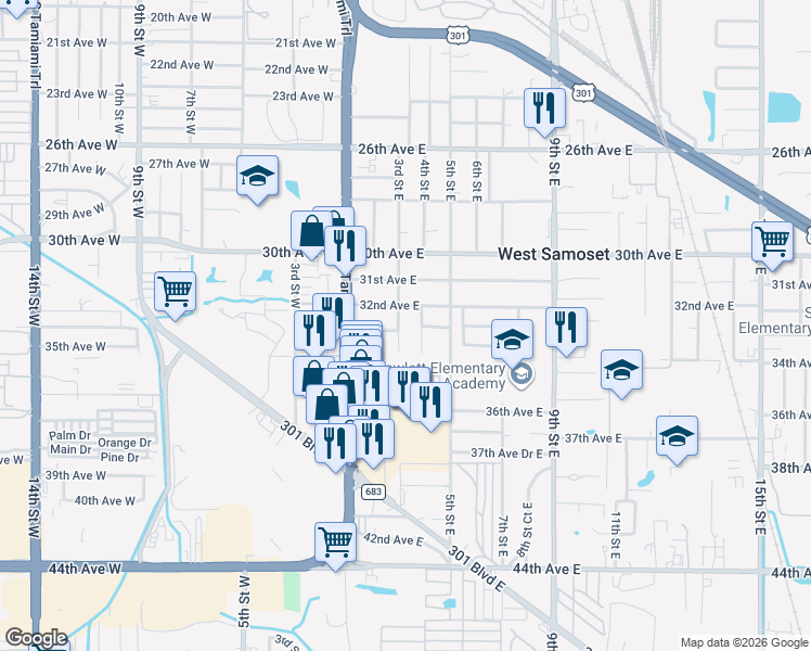 map of restaurants, bars, coffee shops, grocery stores, and more near 403 33rd Avenue East in Bradenton