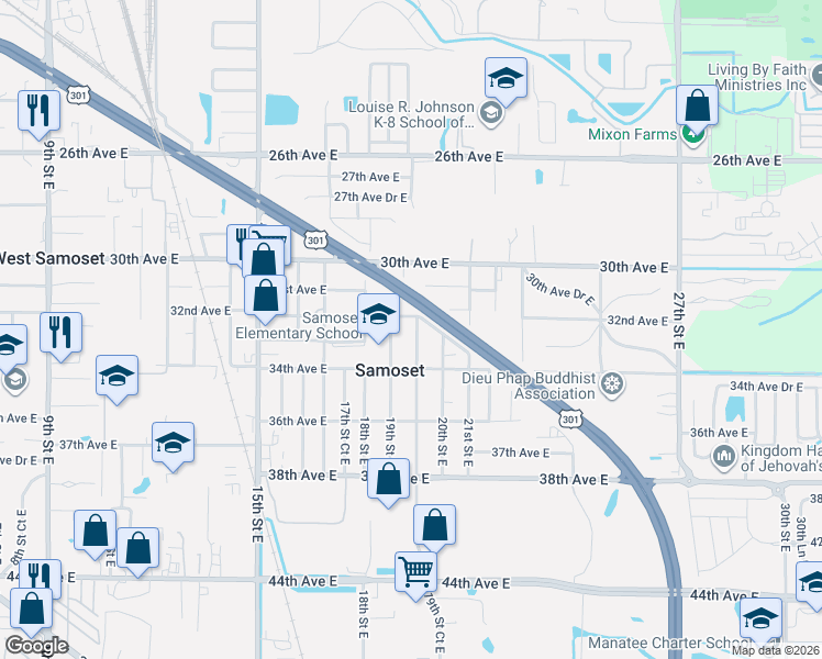 map of restaurants, bars, coffee shops, grocery stores, and more near 3212 19th Street Court East in Bradenton