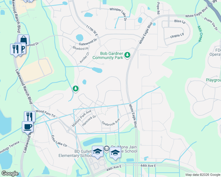 map of restaurants, bars, coffee shops, grocery stores, and more near 12213 Cranston Way in Bradenton