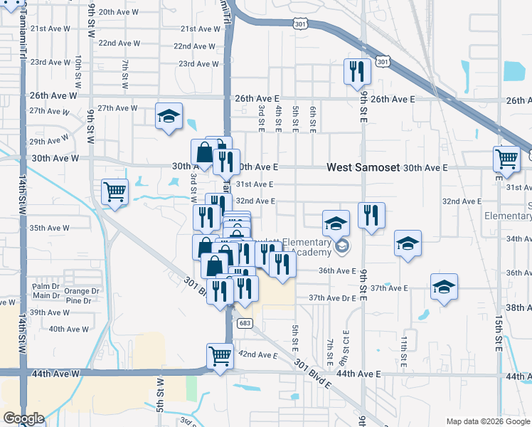 map of restaurants, bars, coffee shops, grocery stores, and more near 403 33rd Avenue East in Bradenton