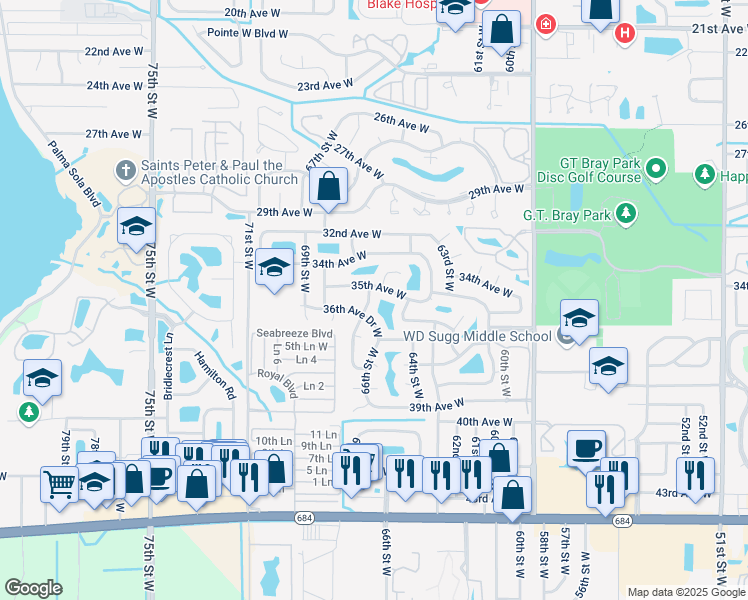 map of restaurants, bars, coffee shops, grocery stores, and more near 3504 67th Street Court West in Bradenton