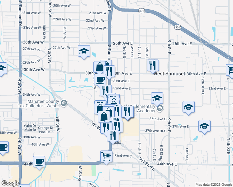 map of restaurants, bars, coffee shops, grocery stores, and more near 113 33rd Avenue East in Bradenton