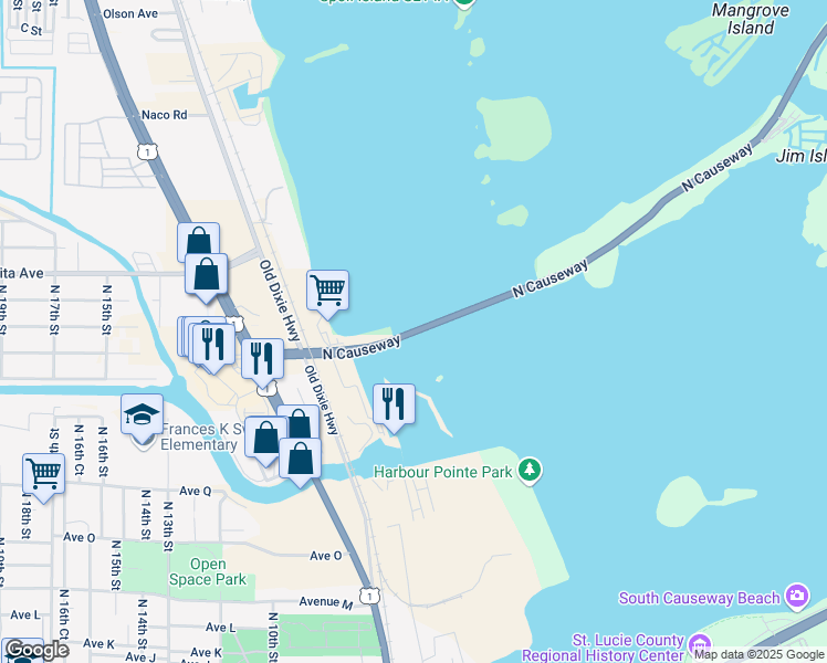 map of restaurants, bars, coffee shops, grocery stores, and more near North Causeway in Fort Pierce