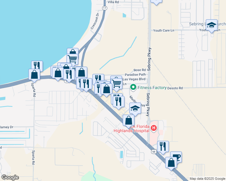 map of restaurants, bars, coffee shops, grocery stores, and more near 2975 Desoto Road in Sebring