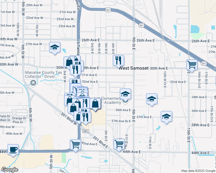 map of restaurants, bars, coffee shops, grocery stores, and more near 3212 5th Street Court East in Bradenton