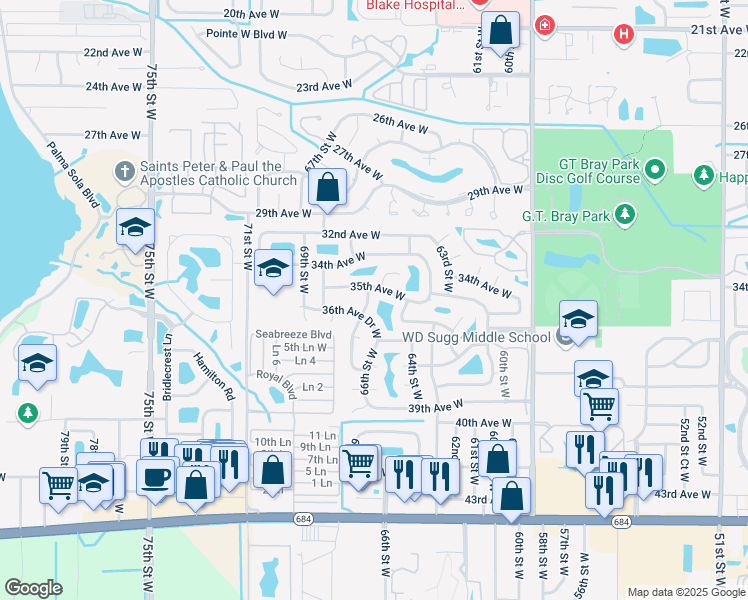 map of restaurants, bars, coffee shops, grocery stores, and more near 3504 67th Street Court West in Bradenton
