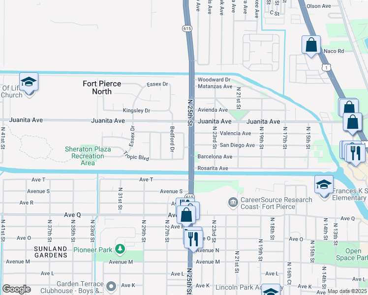 map of restaurants, bars, coffee shops, grocery stores, and more near Academy Drive in Fort Pierce