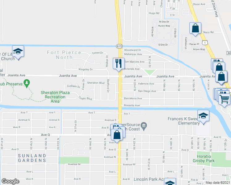 map of restaurants, bars, coffee shops, grocery stores, and more near Academy Drive in Fort Pierce
