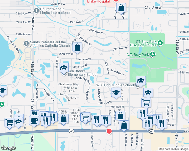 map of restaurants, bars, coffee shops, grocery stores, and more near 6408 35th Avenue West in Bradenton