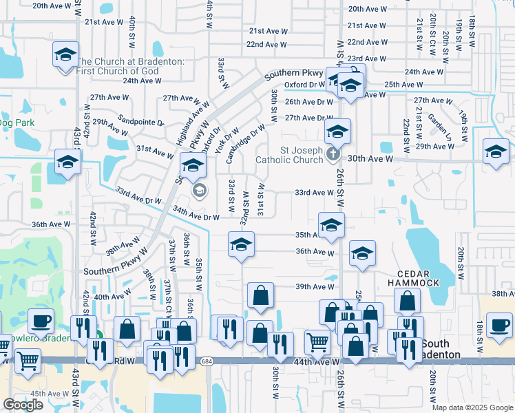 map of restaurants, bars, coffee shops, grocery stores, and more near 3316 31st Street West in Bradenton