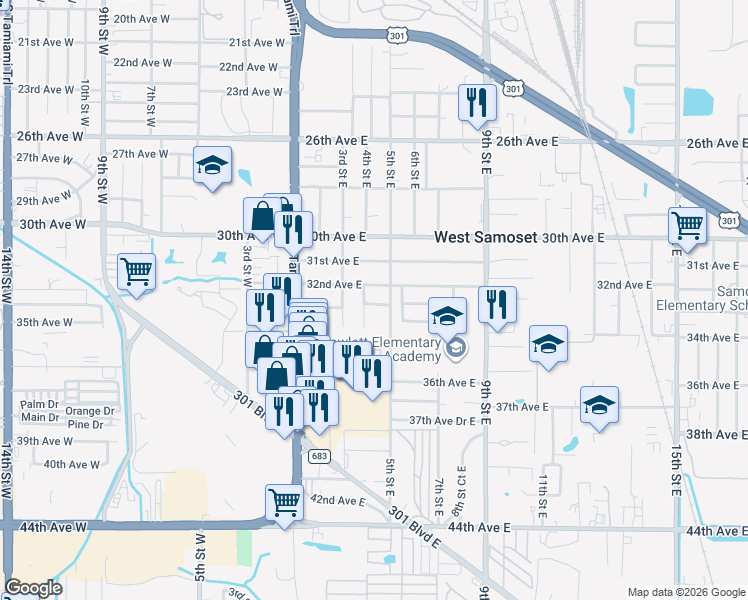 map of restaurants, bars, coffee shops, grocery stores, and more near 403 33rd Avenue East in Bradenton