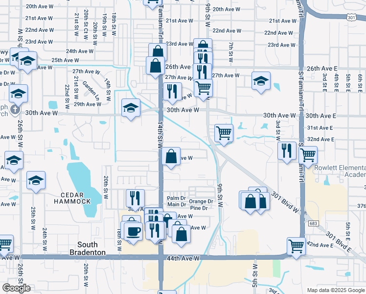 map of restaurants, bars, coffee shops, grocery stores, and more near 1116 34th Avenue West in Bradenton