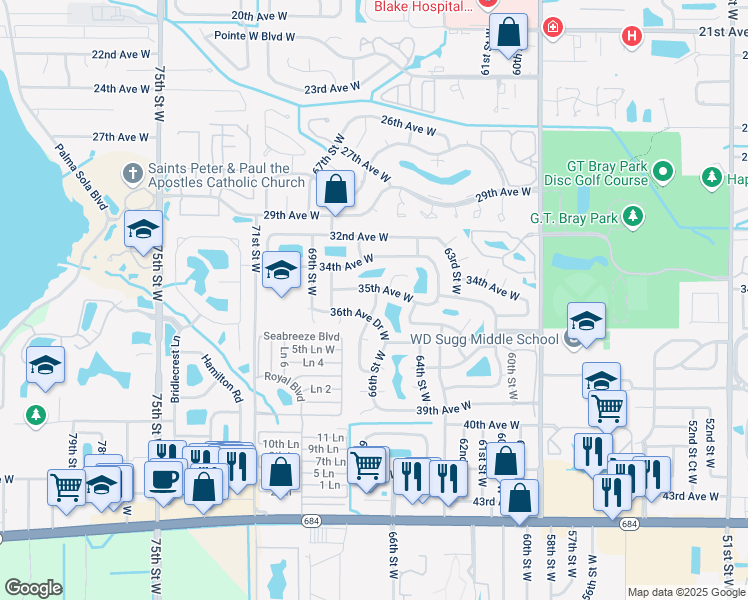 map of restaurants, bars, coffee shops, grocery stores, and more near 3504 67th Street Court West in Bradenton